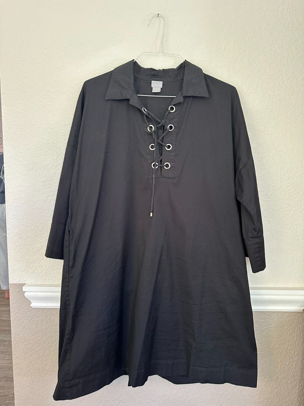 Chico's Women's Size 3 Black Lace-Up Tunic Dress Long Sleeve US 16/18